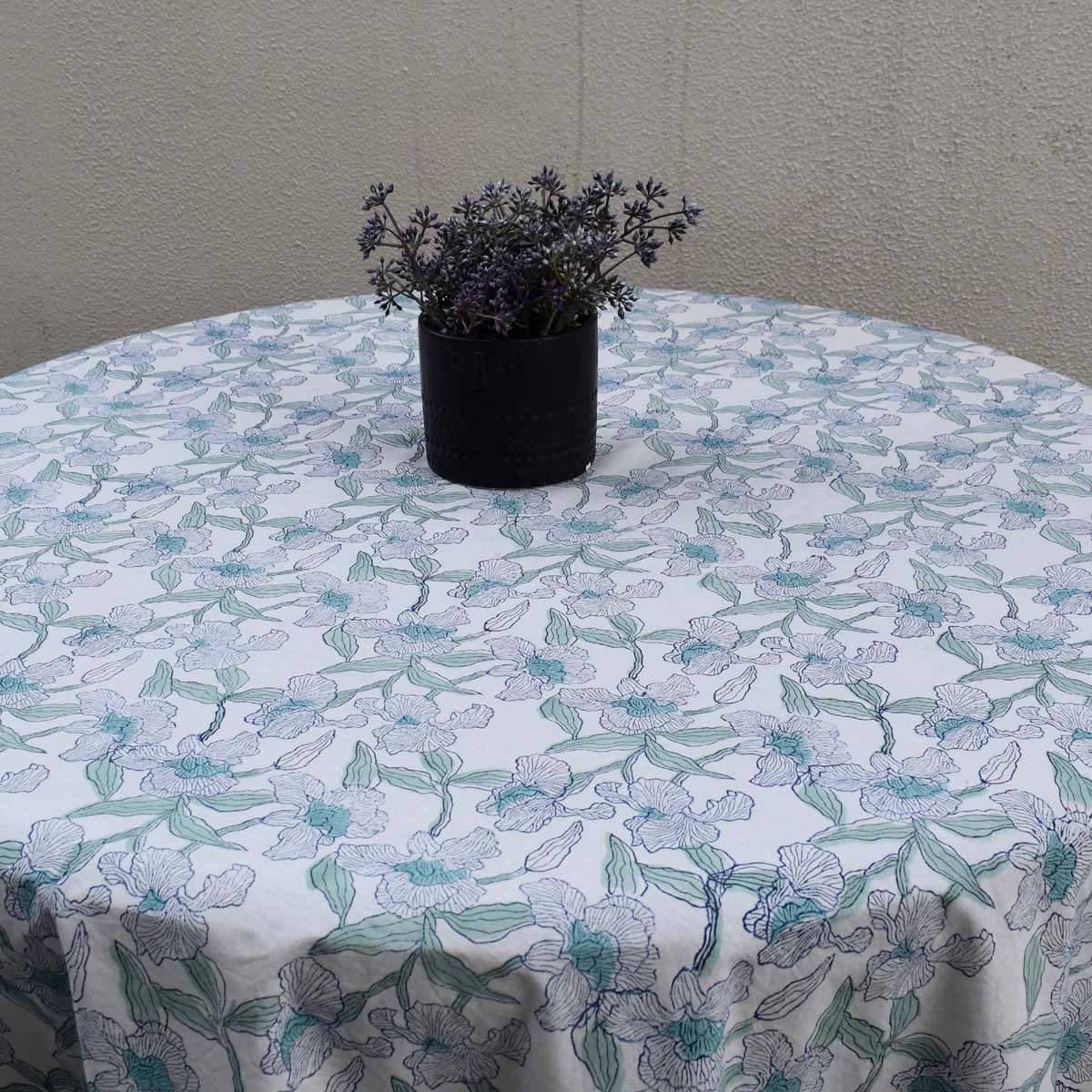 Hand Block Printed Round Tablecloth 60 Inch Orchid Aqua Open