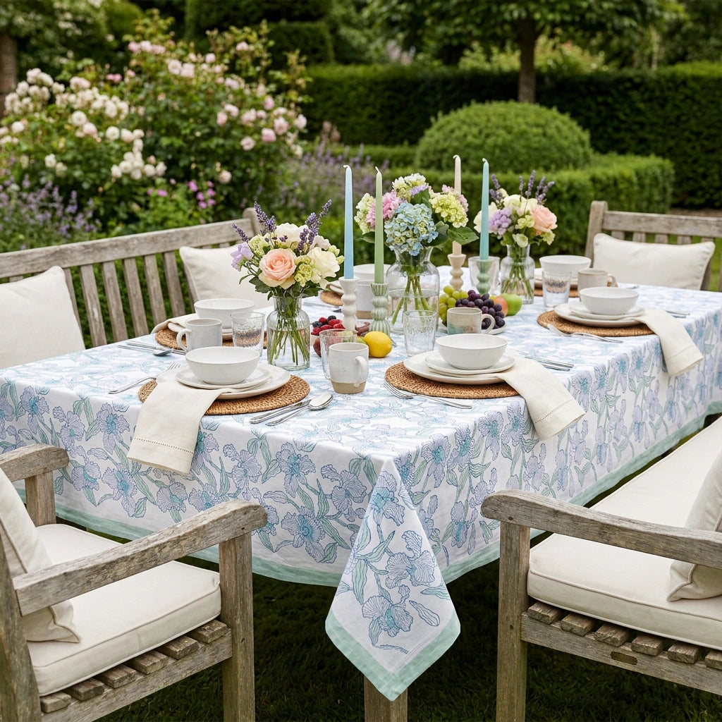 A rectangular outdoor dining table set in a garden with a light blue and white floral tablecloth, white chairs with cream cushions, floral centerpieces, and place settings.