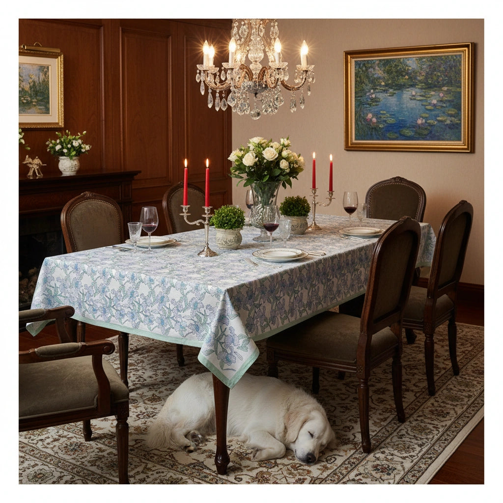 A dining room scene with a rectangular table covered in a light blue and white floral tablecloth, surrounded by upholstered chairs. The table is set with plates, candles, wine glasses, and a floral centerpiece.