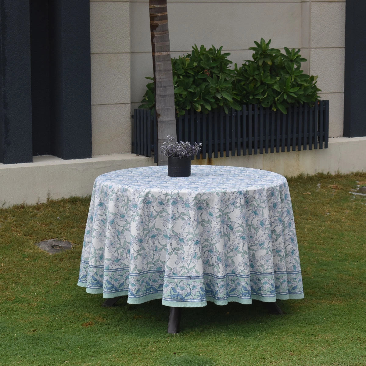 Hand Block Printed Round Tablecloth 60 Inch Orchid Aqua Open