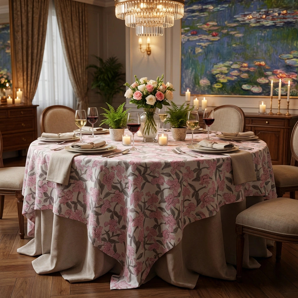 A round dining table set in a warmly lit dining room, covered with a blush pink floral tablecloth. The table is fully set with white plates, folded napkins, wine glasses, candles, and a vase of pink roses in the center.