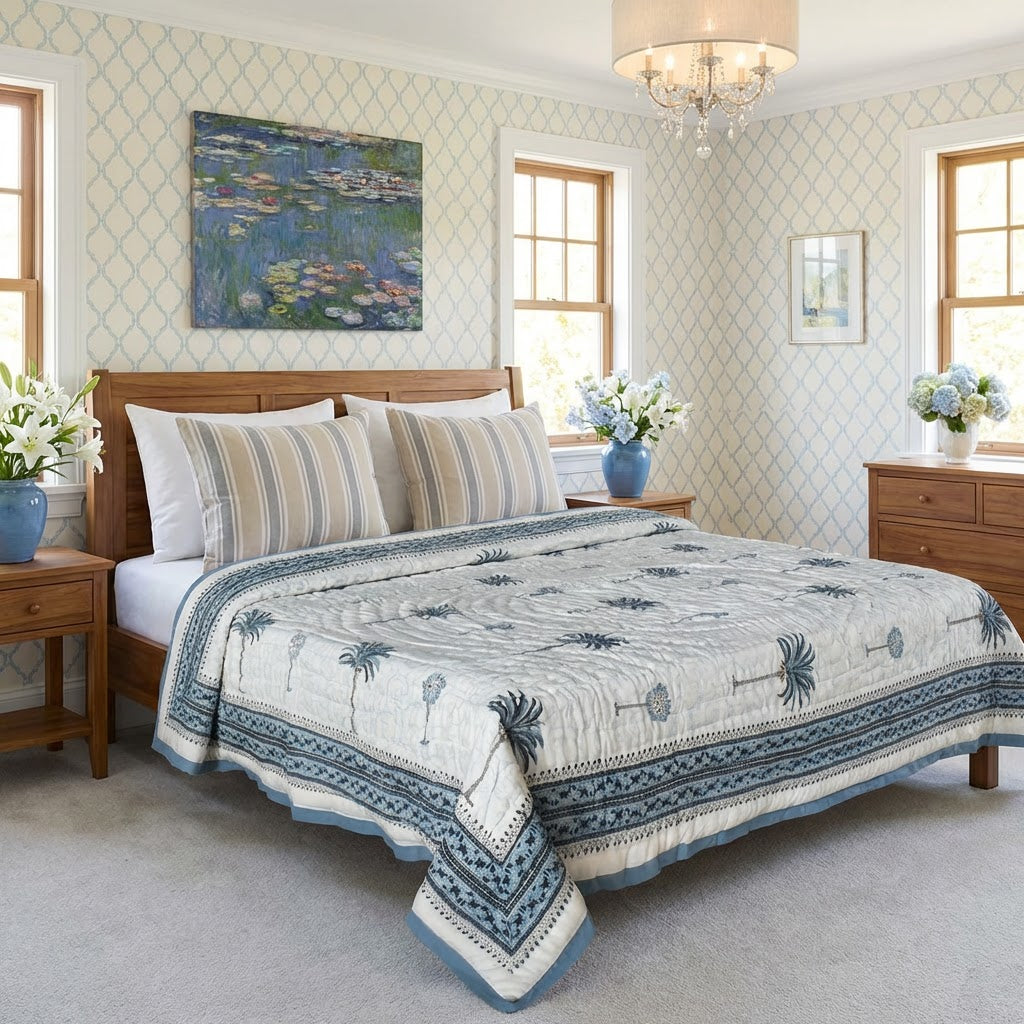 A bed dressed in a cream quilted comforter with blue palm tree motifs and a blue patterned border, styled in a bright bedroom with matching striped pillows, wooden nightstands, and floral arrangements.