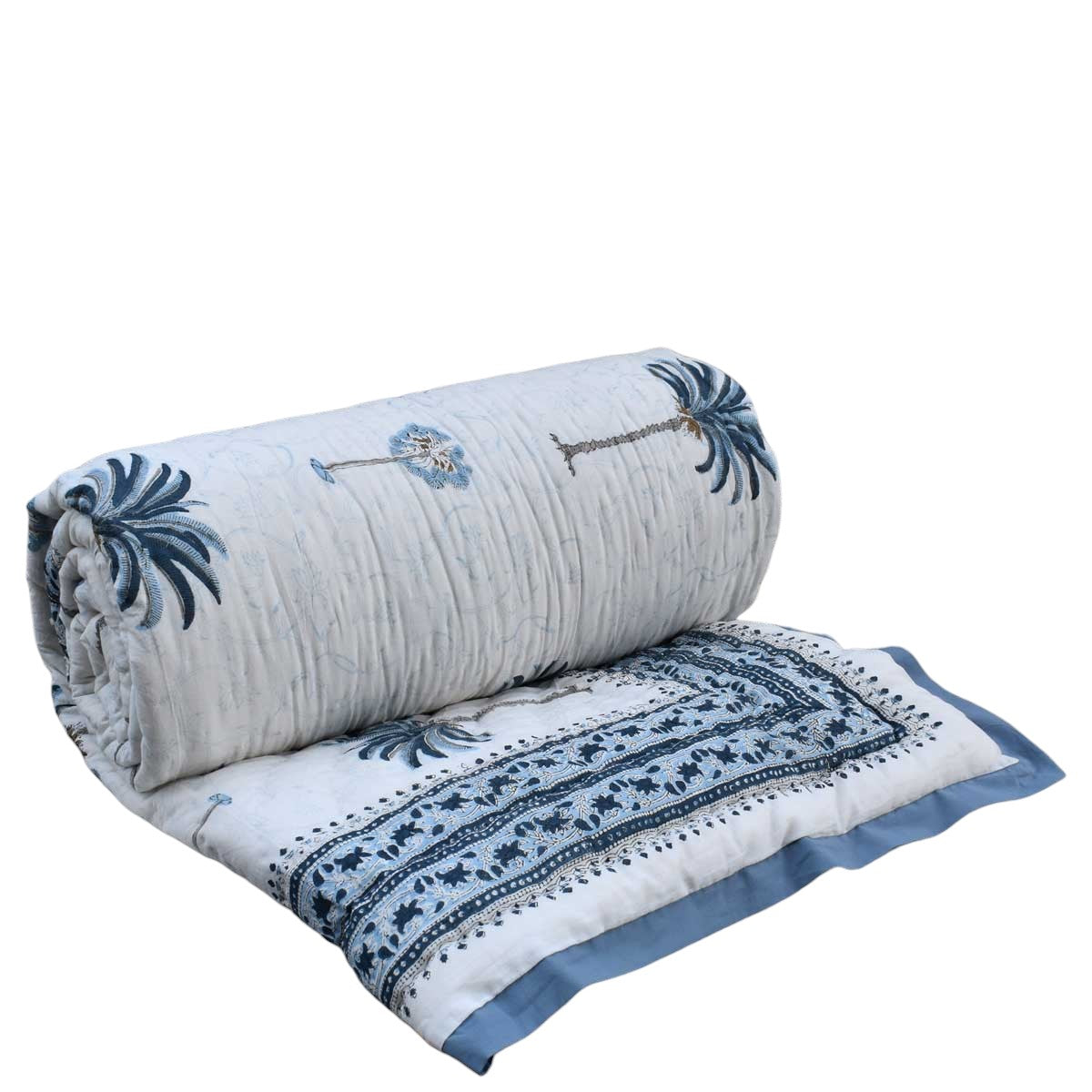 Jaipuri Razai With Natural Dyes Double | Palm Tree Blue 203606