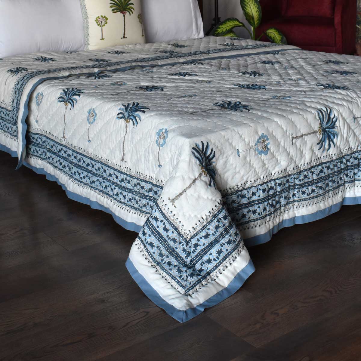 Jaipuri Razai With Natural Dyes Double | Palm Tree Blue 203606