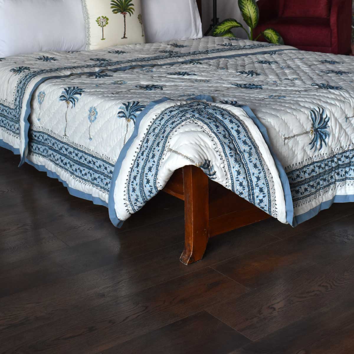 Jaipuri Razai With Natural Dyes Double | Palm Tree Blue 203606