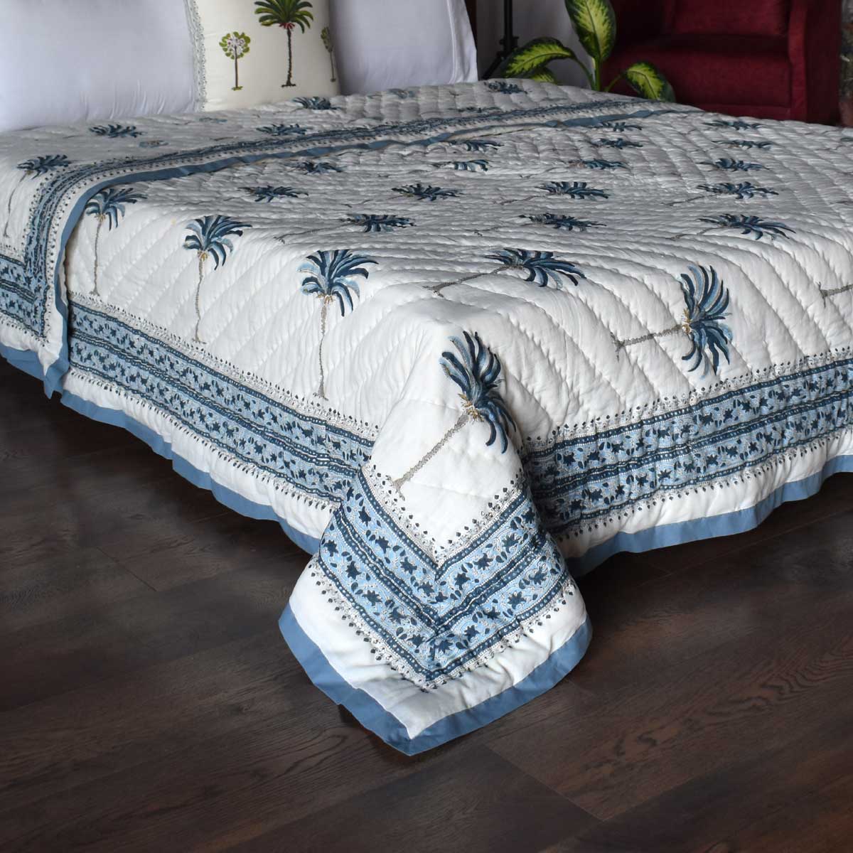 Jaipuri Razai With Natural Dyes Double | Palm Tree Blue 203606