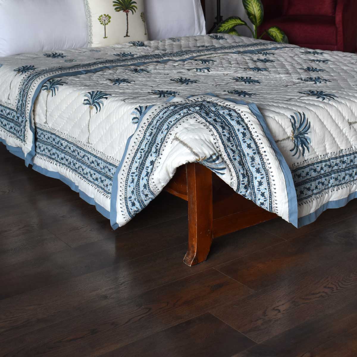 Jaipuri Razai With Natural Dyes Double | Palm Tree Blue 203606