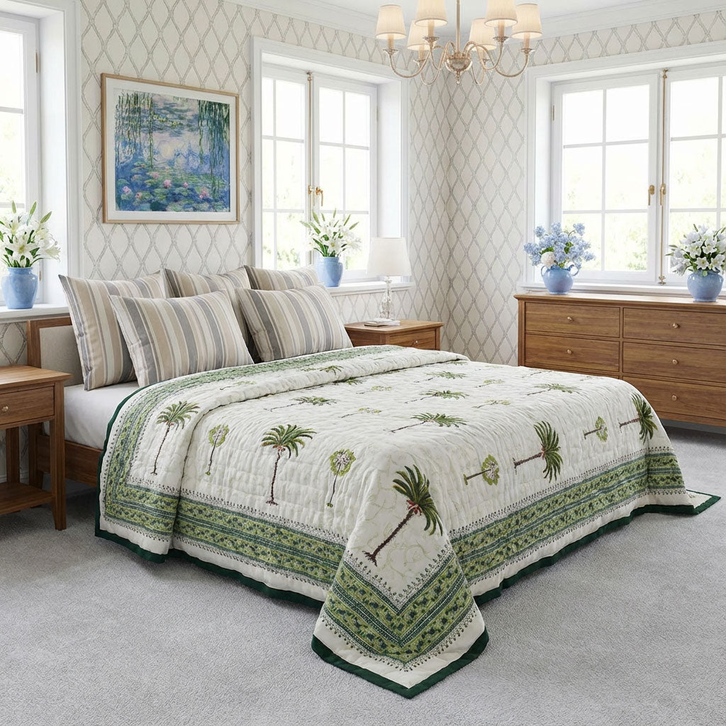 Jaipuri Hand Block Printed Throw Blanket | Palm Tree Green 109024