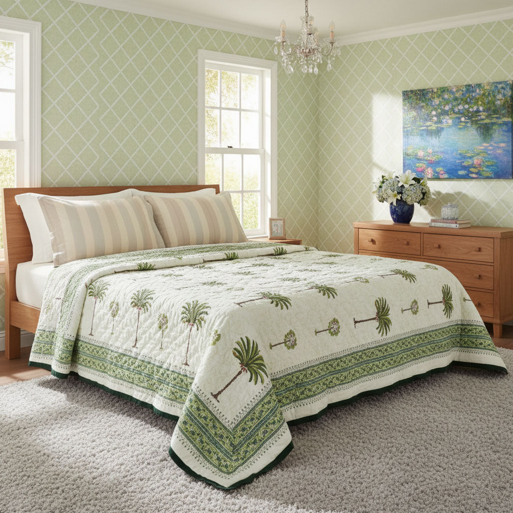 •	Lightweight Summer King Size Quilt | Palm Tree Green 109024