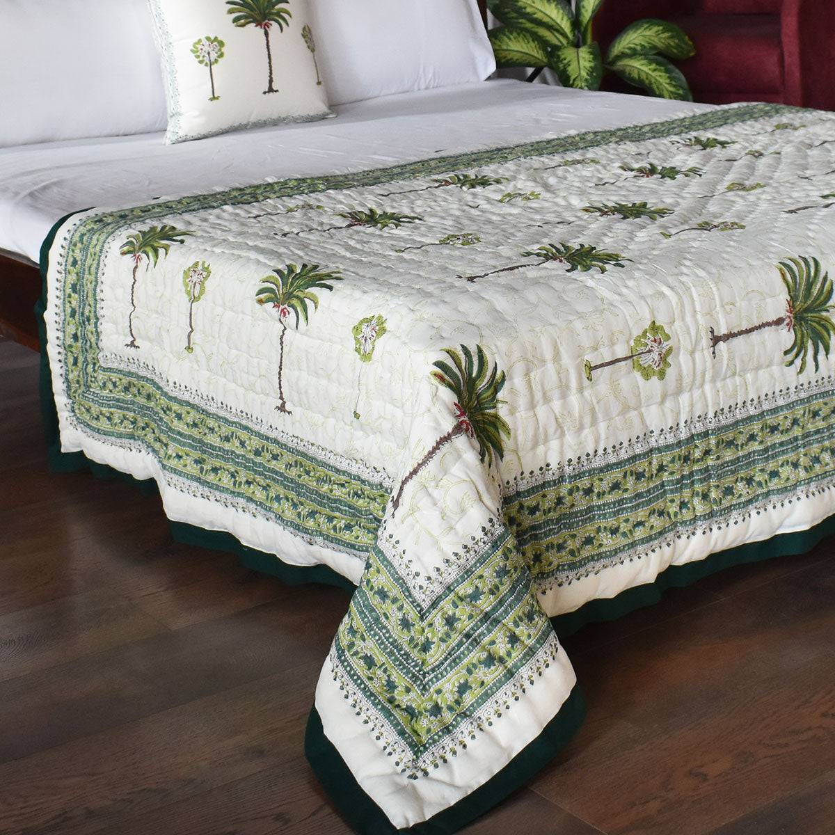 Jaipuri Hand Block Printed Throw Blanket | Palm Tree Green 109024