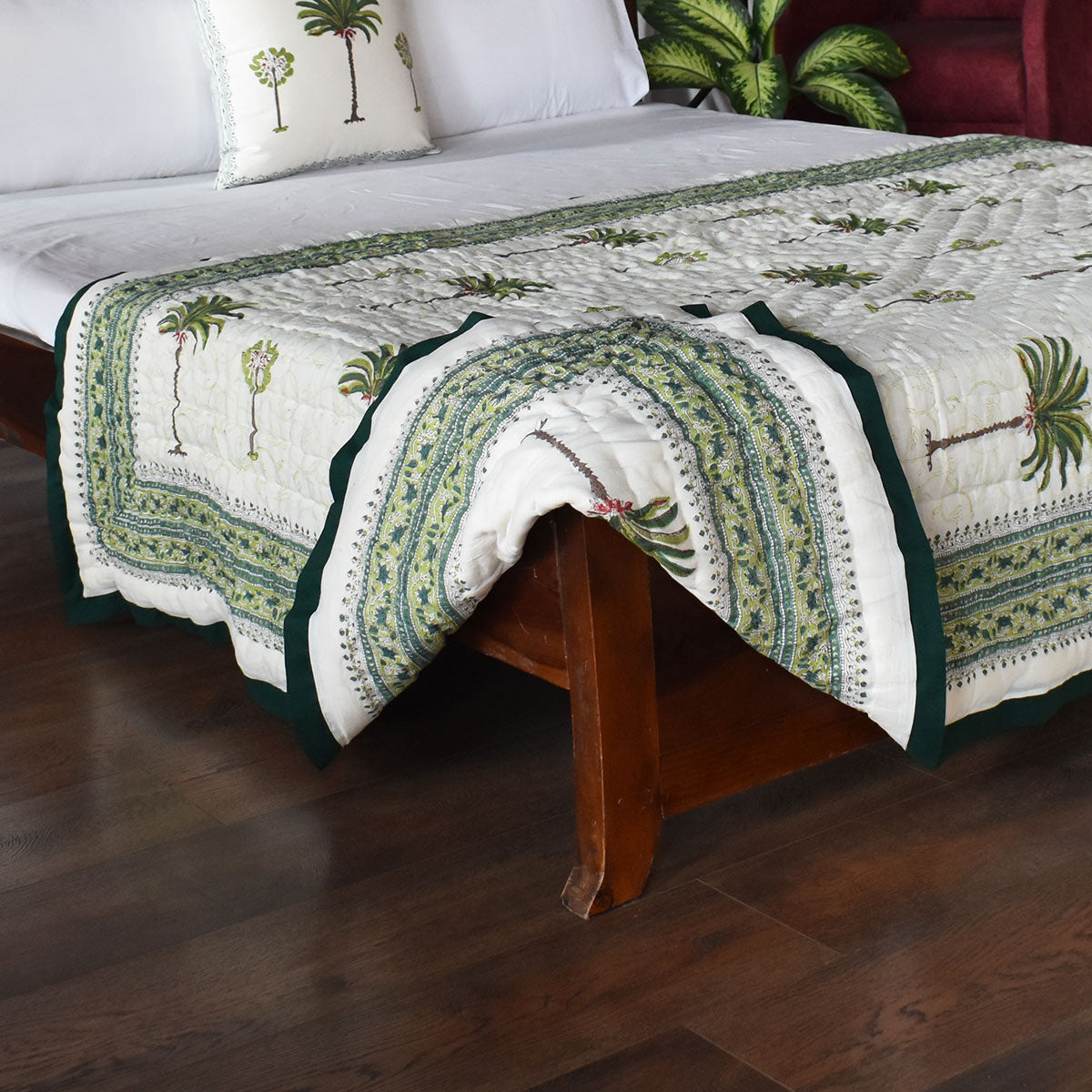 Jaipuri Hand Block Printed Throw Blanket | Palm Tree Green 109024