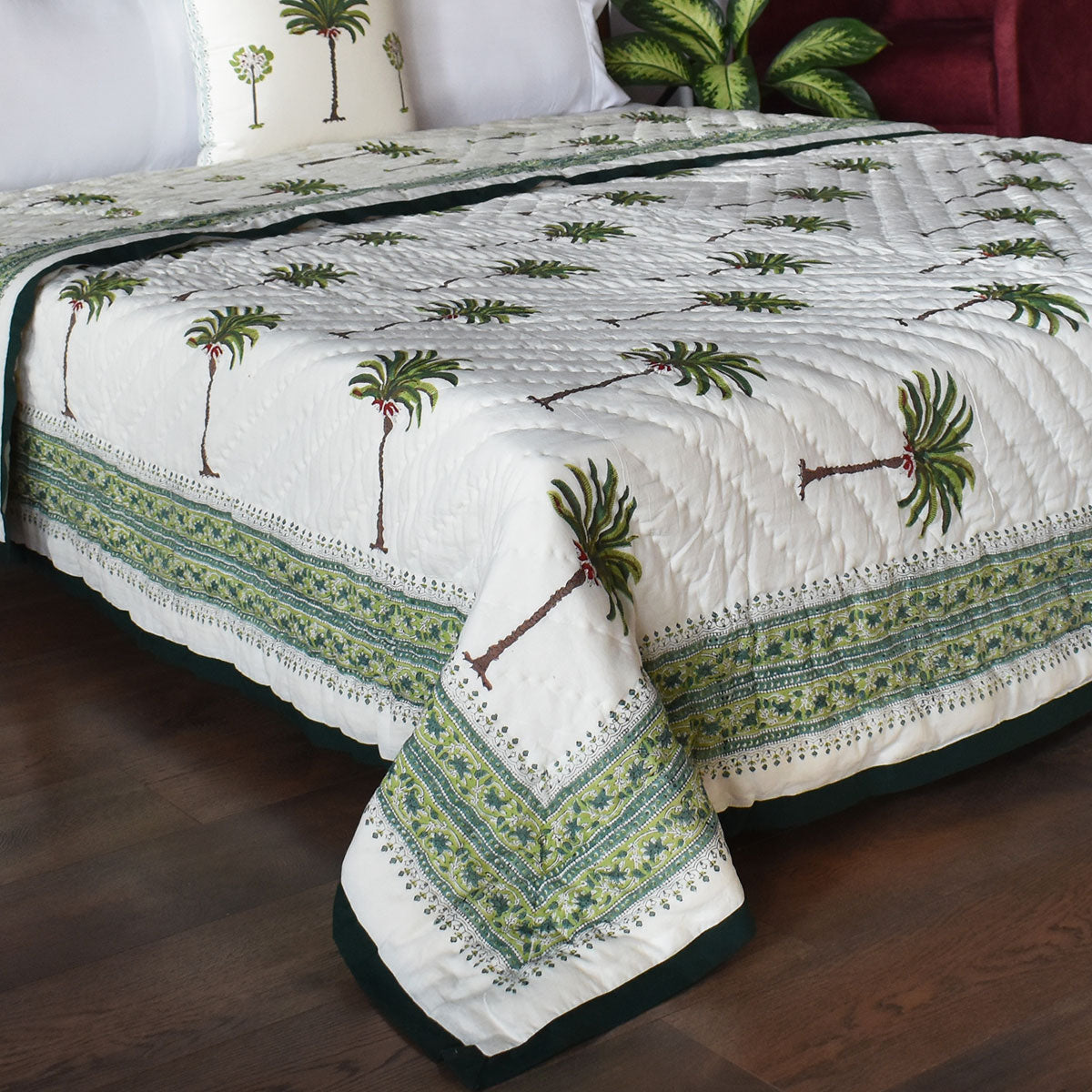Jaipuri Hand Block Printed Bed Cover Double | Palm Tree Green 109024