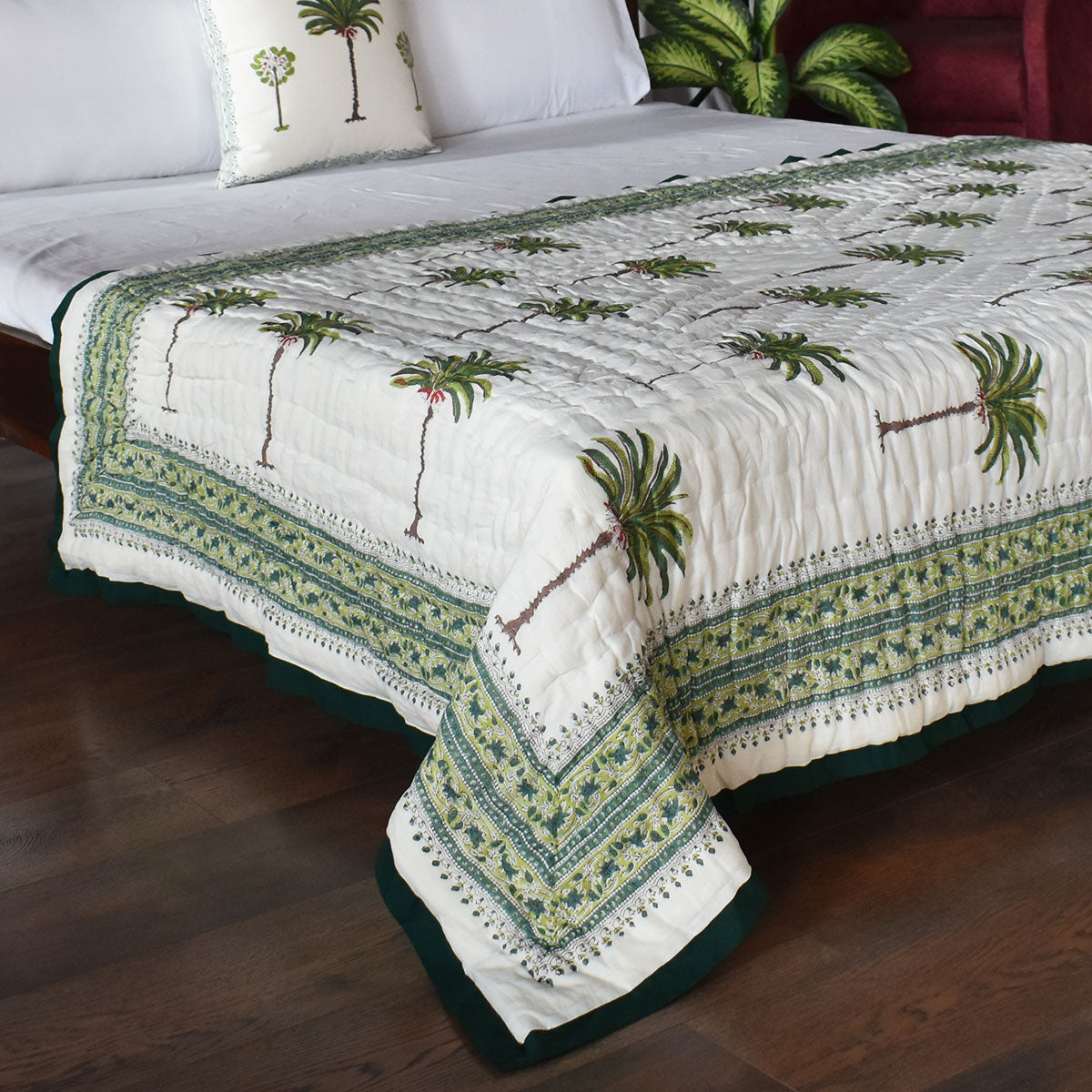 Jaipuri Hand Block Printed Throw Blanket | Palm Tree Green 109024