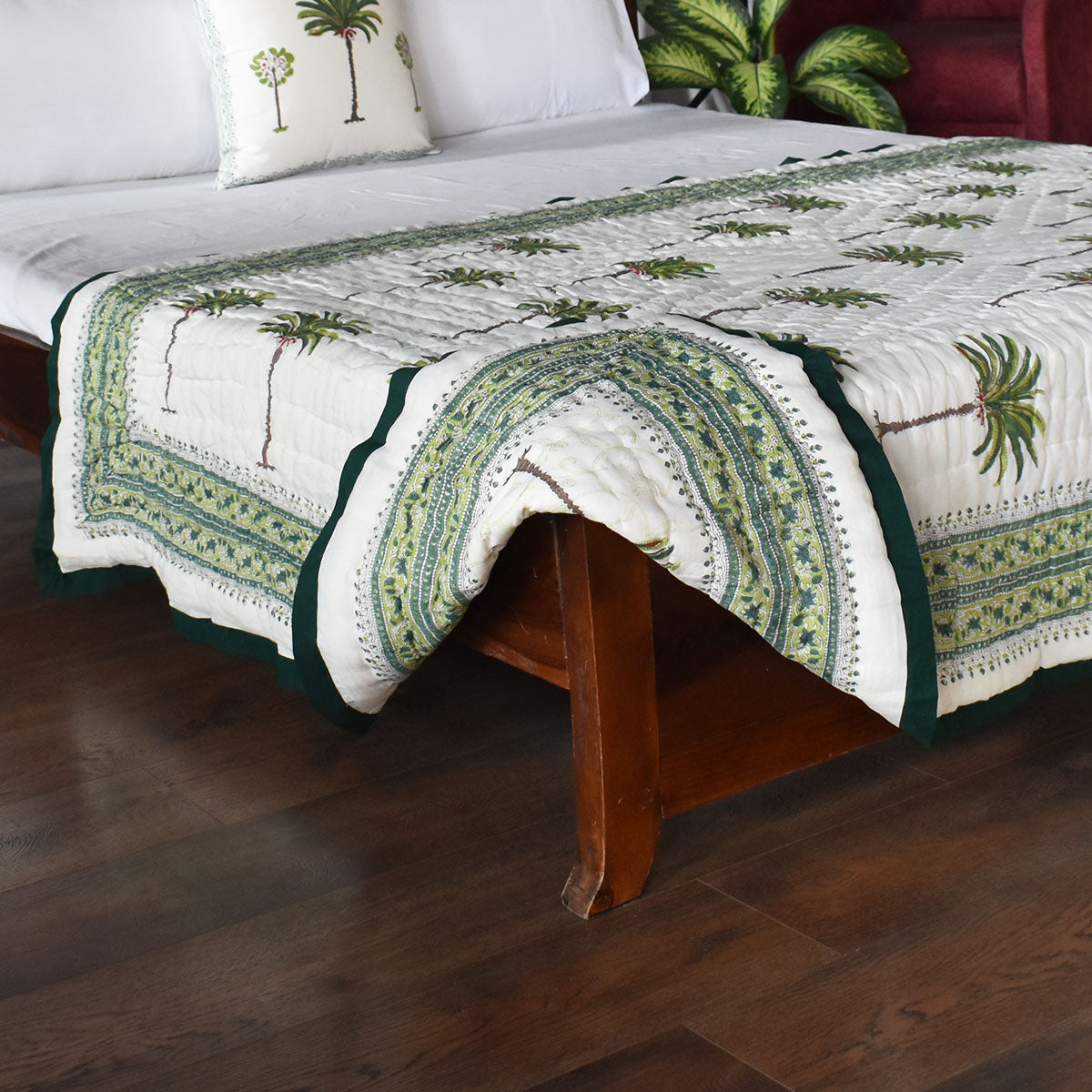 Jaipuri Hand Block Printed Throw Blanket | Palm Tree Green 109024