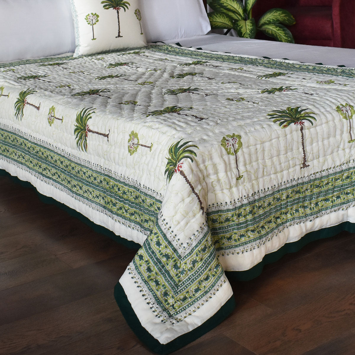 Jaipuri Hand Block Printed Throw Blanket | Palm Tree Green 109024