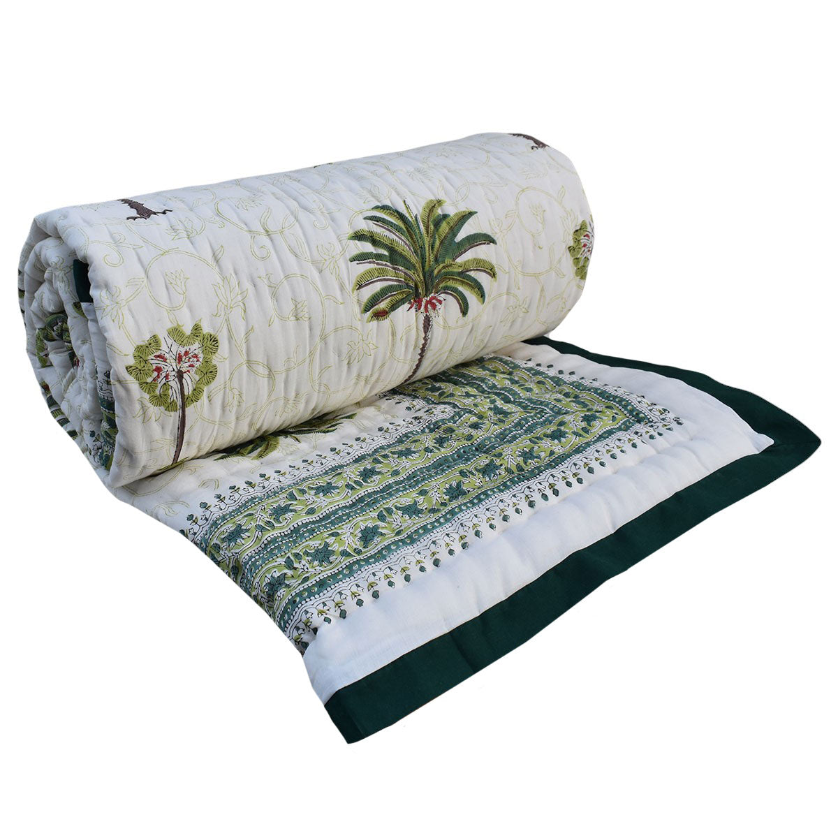 Jaipuri Hand Block Printed Throw Blanket | Palm Tree Green 109024
