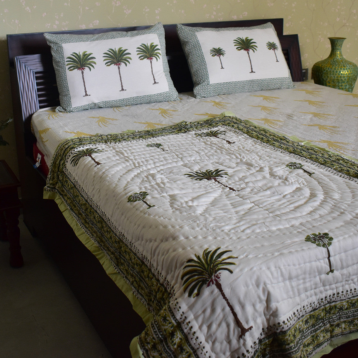 Soft Pastel Baby Quilt –Jaipur Razai | Palm Tree Green Open 109025