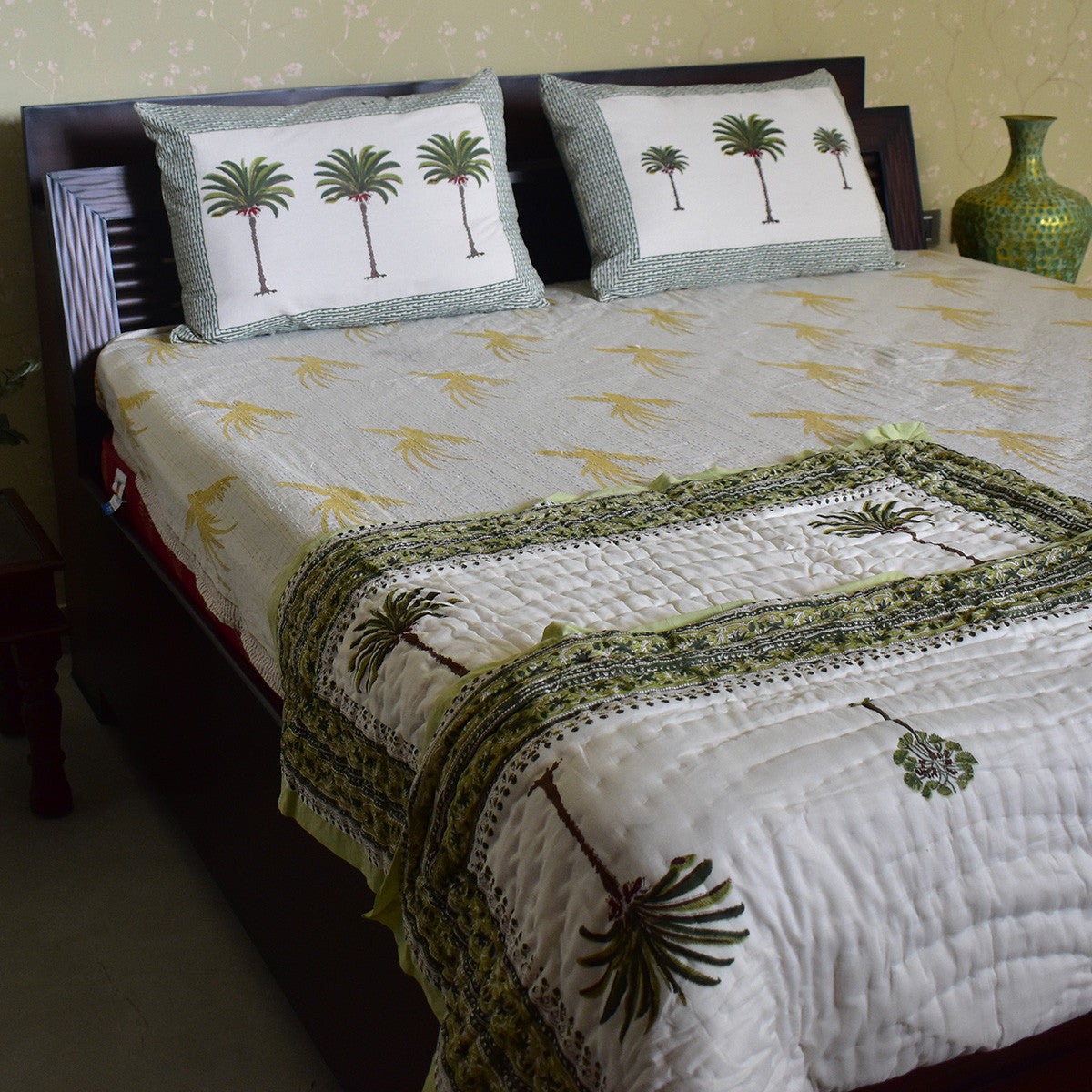 Soft Pastel Baby Quilt –Jaipur Razai | Palm Tree Green Open 109025