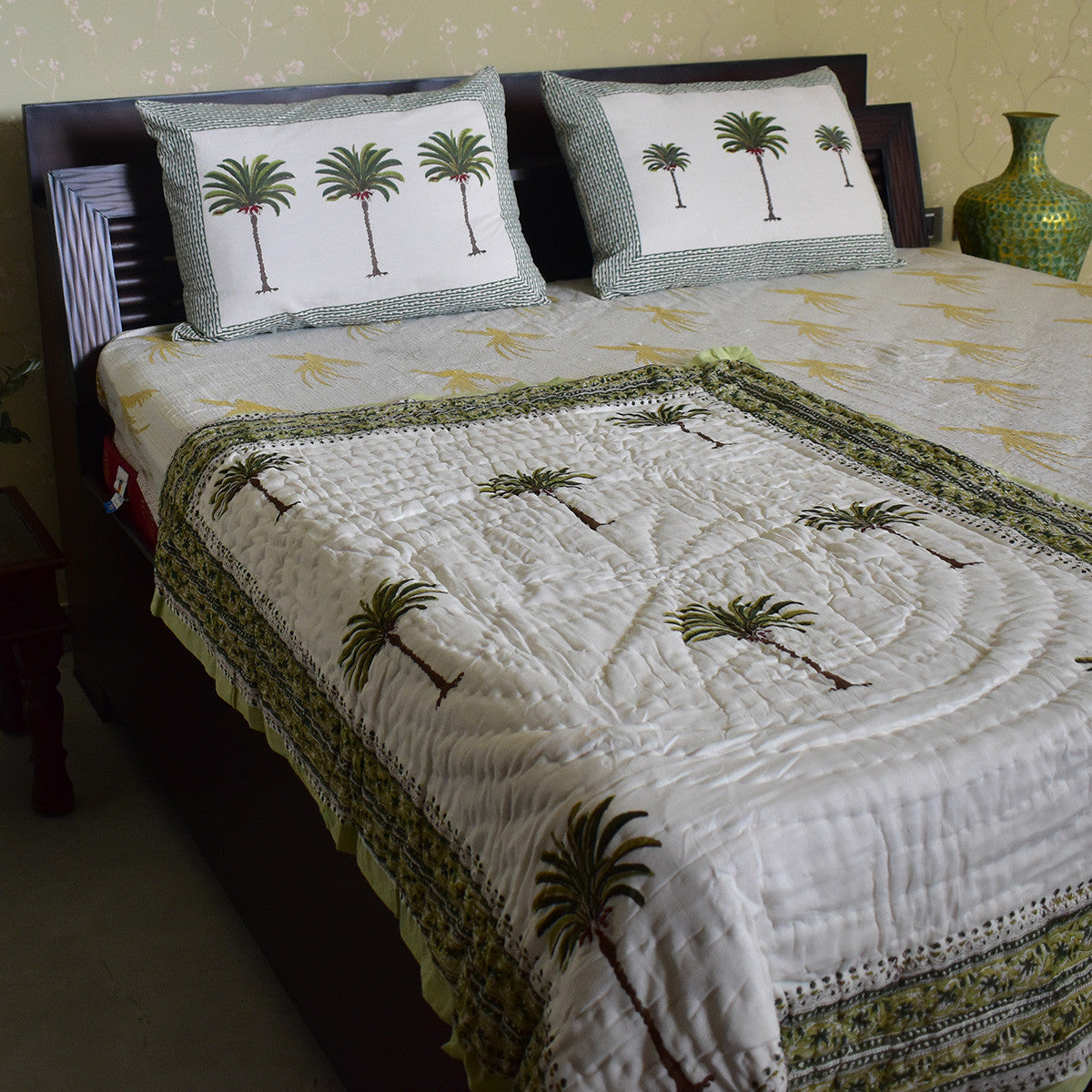 Soft Pastel Baby Quilt –Jaipur Razai | Palm Tree Green Open 109025