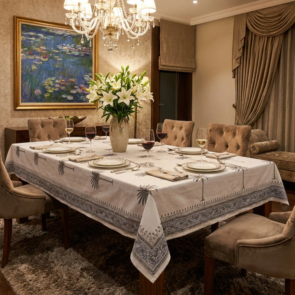 Jaipur Hand Block Long Tablecloth | Palm Tree Grey 105175
