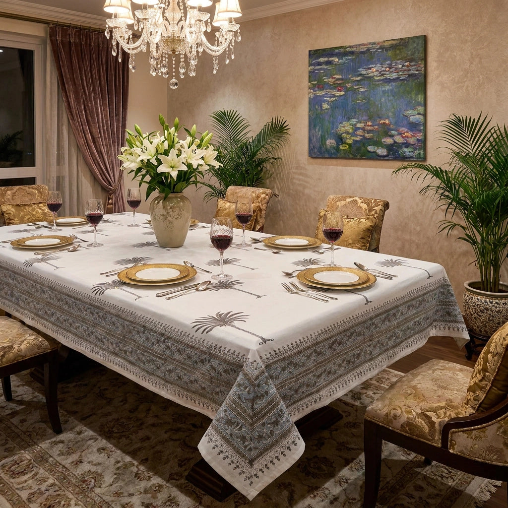 Jaipur Hand Block Long Tablecloth | Palm Tree Grey 105175
