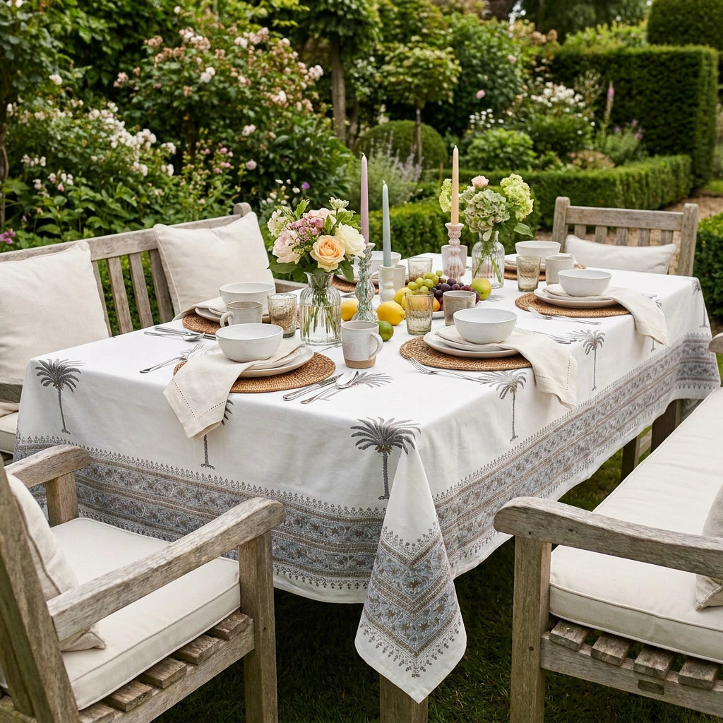 An outdoor dining table set in a lush garden, featuring a white tablecloth with a blue and gray palm tree and geometric border pattern, styled with wooden chairs, white plates, and floral centerpieces.