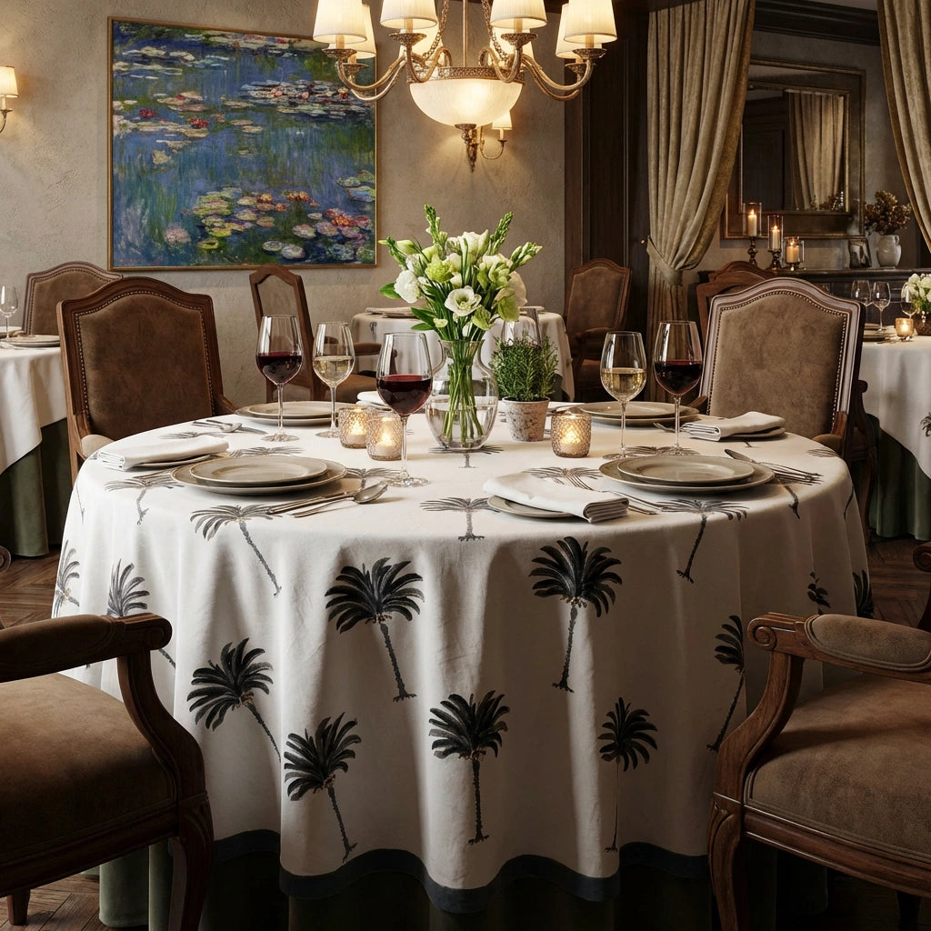 Hand Block Printed Cotton Round Tablecloth 220 cms | Palm Tree Grey 105193