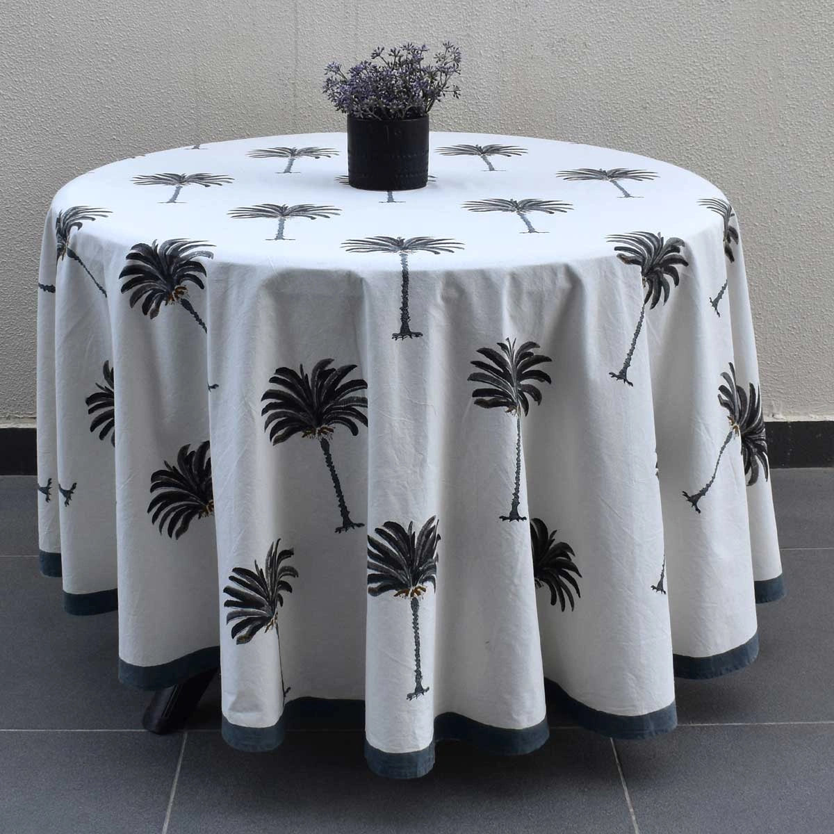 Hand Block Printed Cotton Round Tablecloth 220 cms | Palm Tree Grey 105193