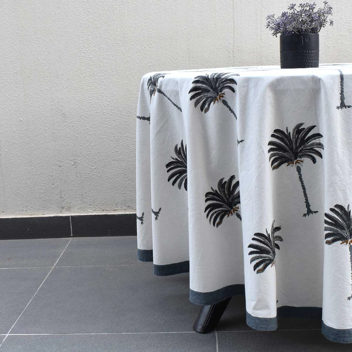 Hand Block Printed Cotton Round Tablecloth 220 cms | Palm Tree Grey 105193