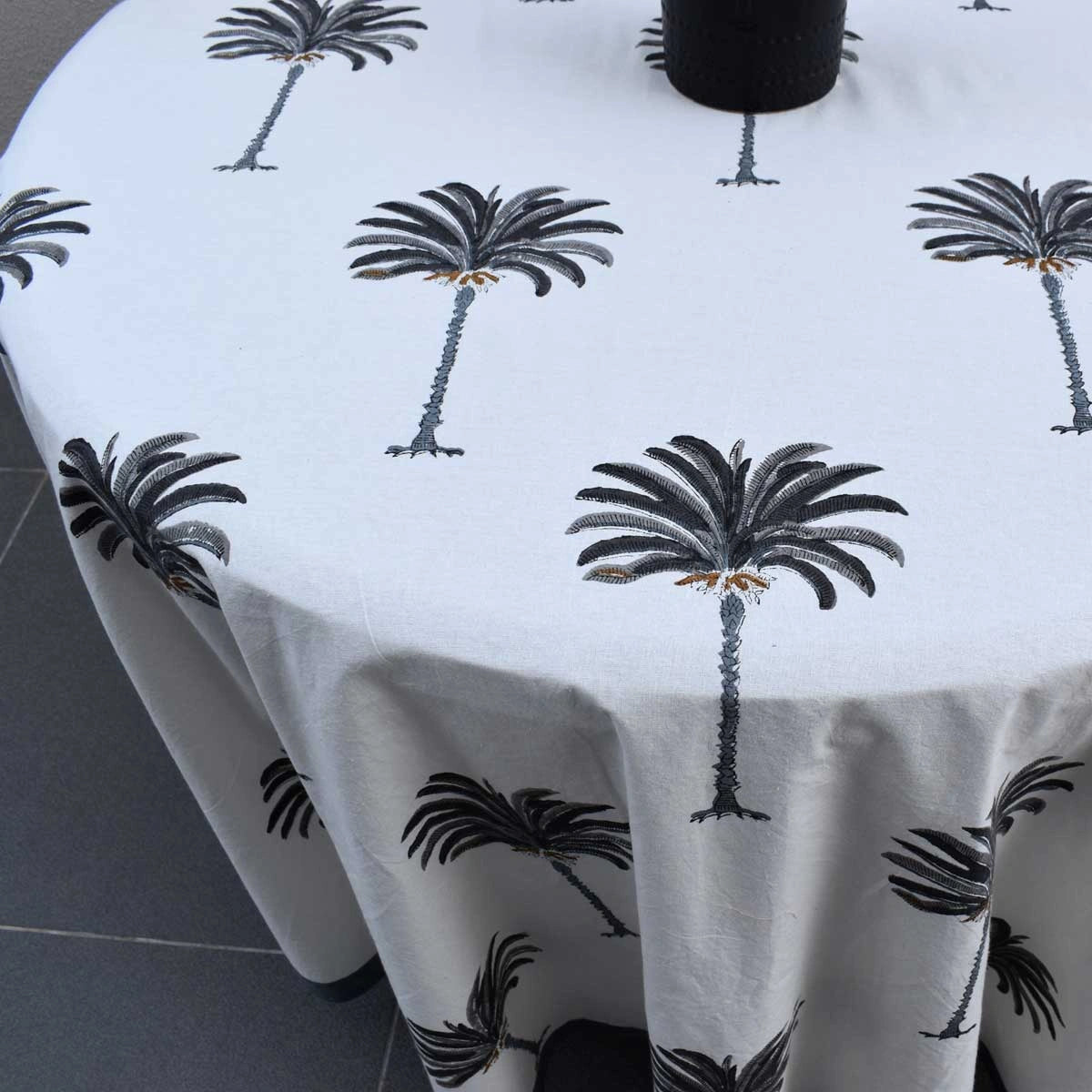 Hand Block Printed Cotton Round Tablecloth 220 cms | Palm Tree Grey 105193