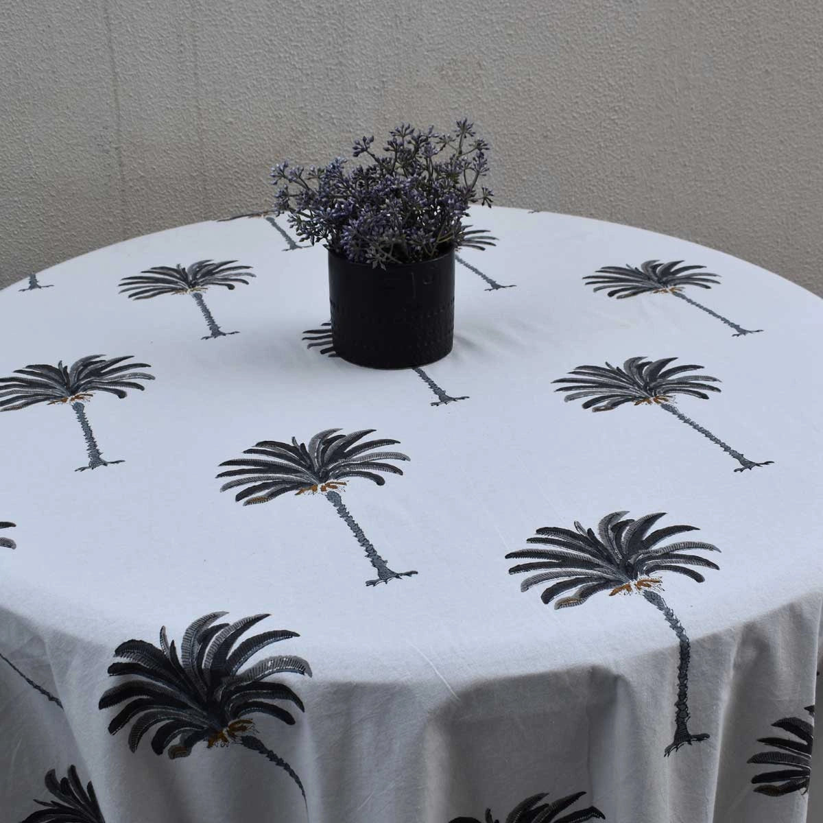 Hand Block Printed Cotton Round Tablecloth 220 cms | Palm Tree Grey 105193