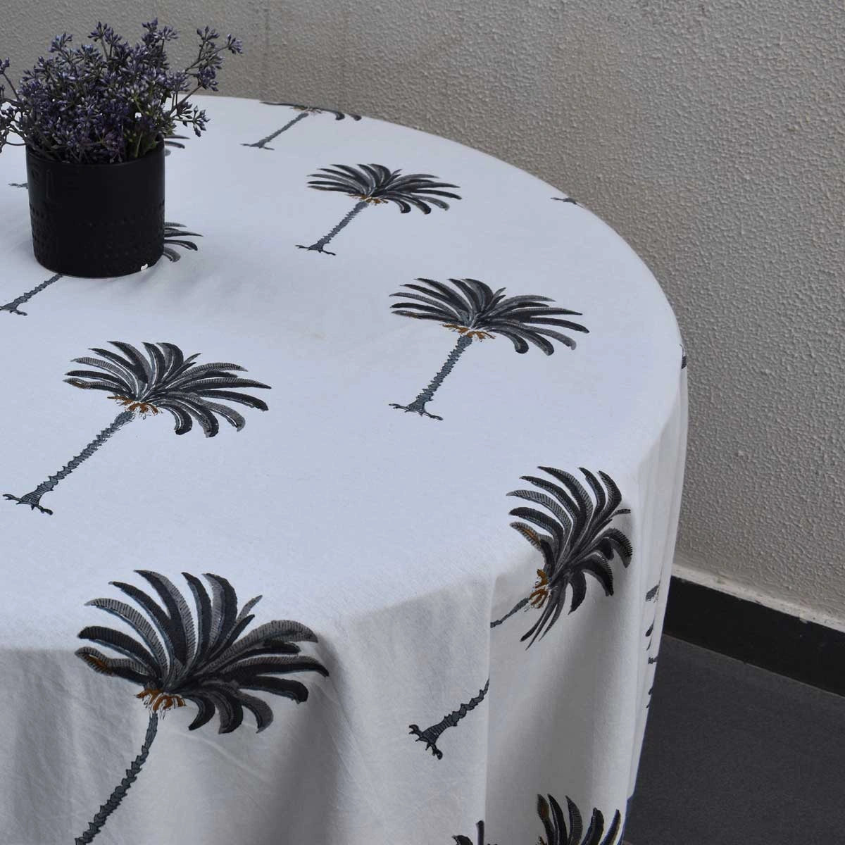 Hand Block Printed Cotton Round Tablecloth 220 cms | Palm Tree Grey 105193