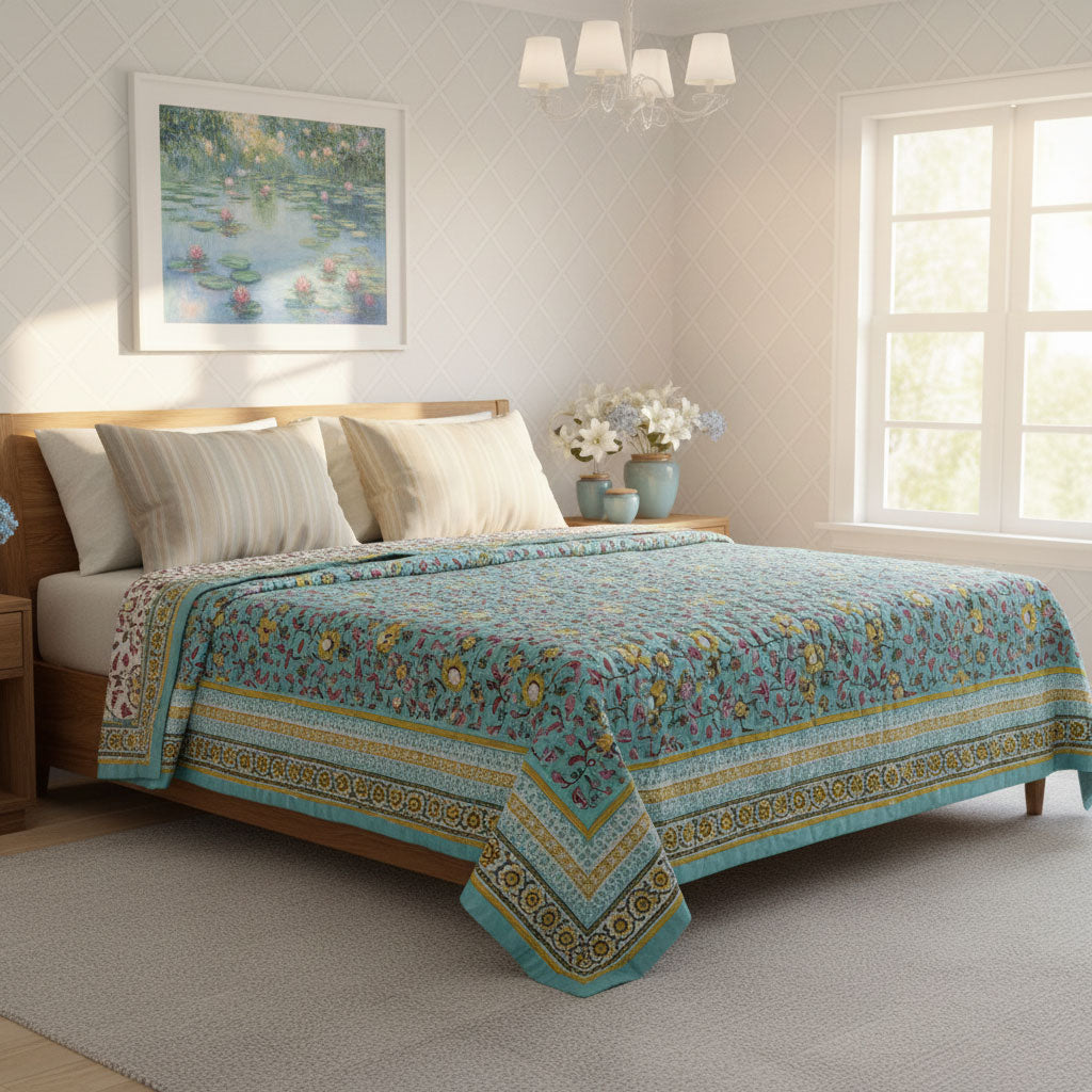 Handmade Block Printed Cotton Queen Quilt | Phuljhari Jade 8368