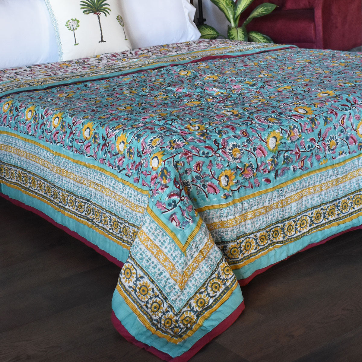 Handmade Block Printed Cotton Queen Quilt | Phuljhari Jade 8368