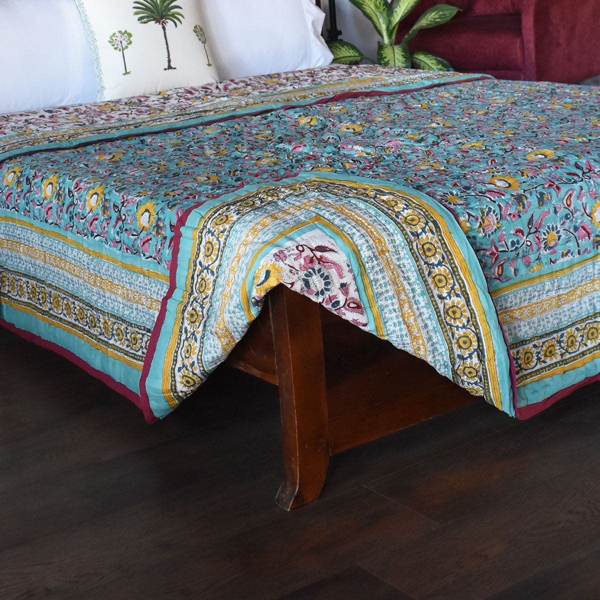 Handmade Block Printed Cotton Queen Quilt | Phuljhari Jade 8368