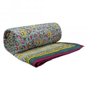 Handmade Block Printed Cotton Queen Quilt | Phuljhari Jade 8368