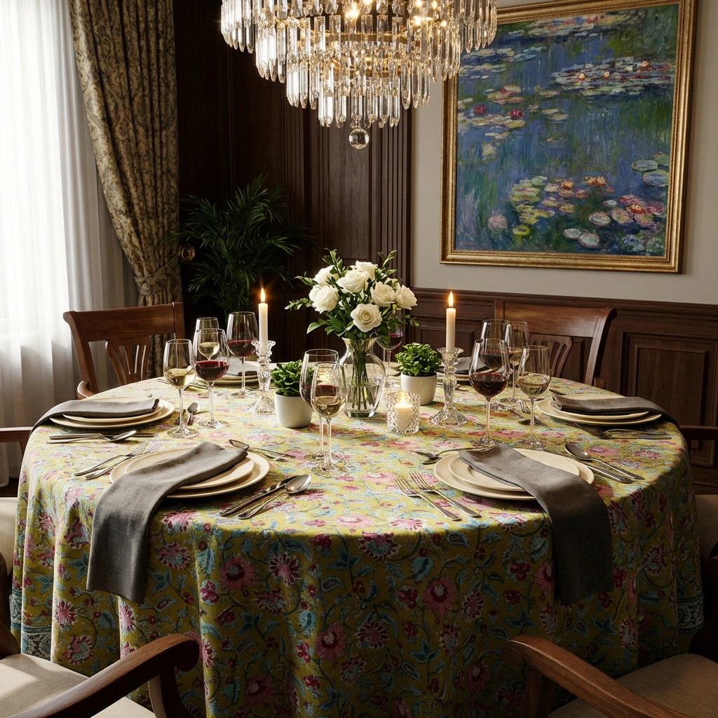 A round dining table set for six in a richly decorated dining room. The table is covered with a vibrant floral tablecloth featuring pink, green, and yellow tones, with gray napkins, white plates, and wine glasses.