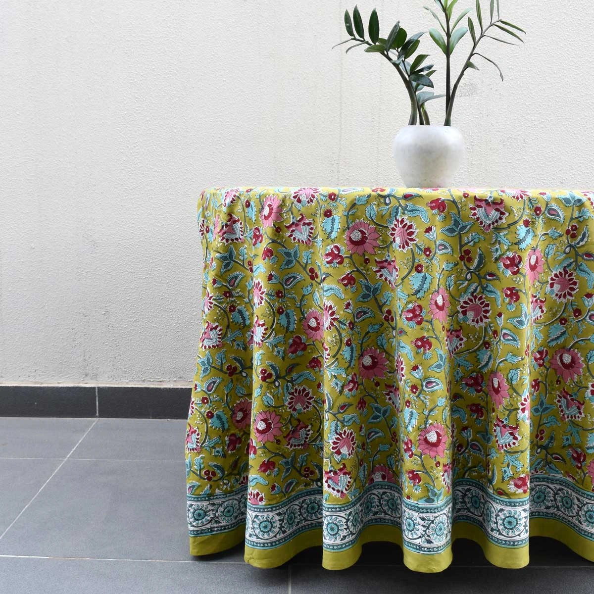 Small Round Dining Tablecloth Phuljhari Olive Gud