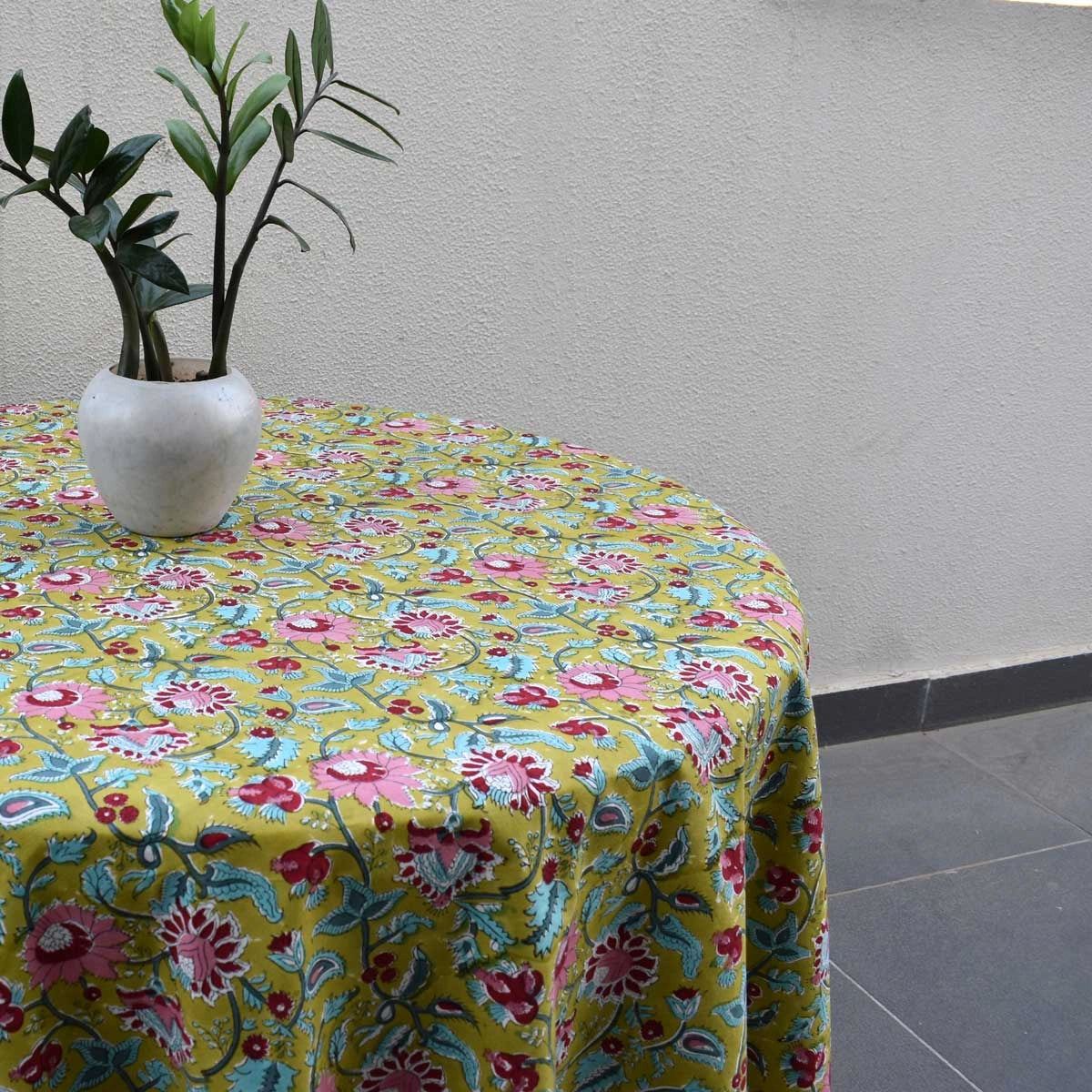 Small Round Dining Tablecloth Phuljhari Olive Gud