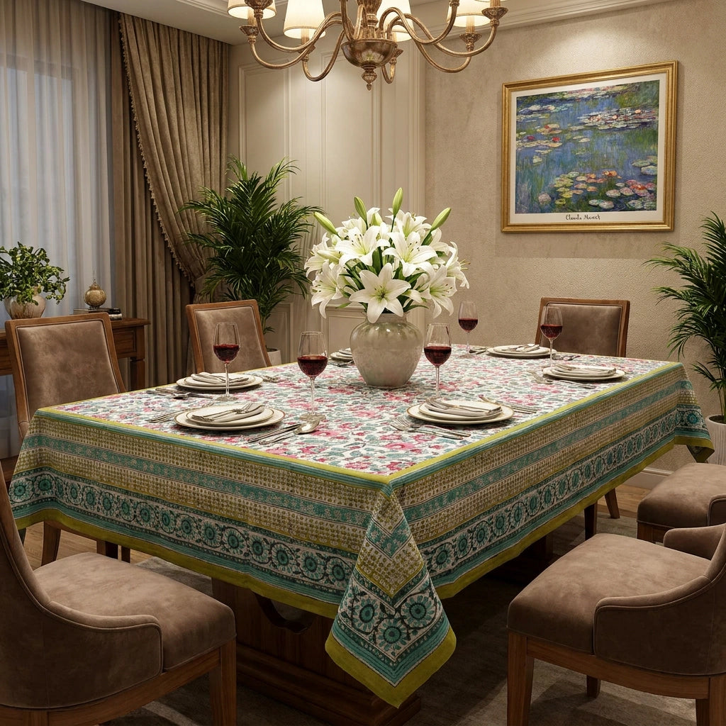 Ethnic Print Long Tablecloth | Phuljhari Olive Open 100990