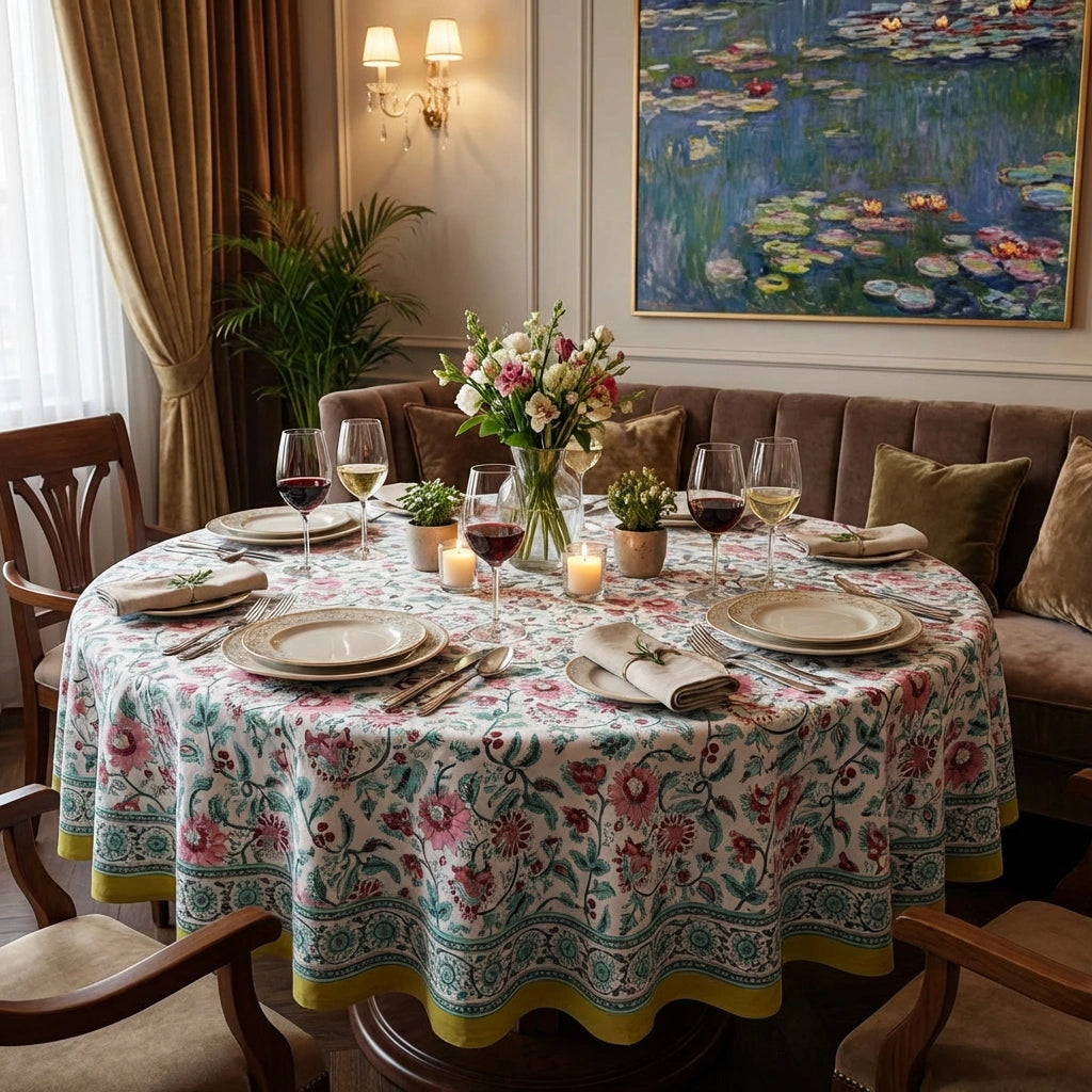 A round dining table covered with a floral tablecloth in pink, blue, and green tones, set with plates, wine glasses, candles, and a flower arrangement in a warmly lit dining room.