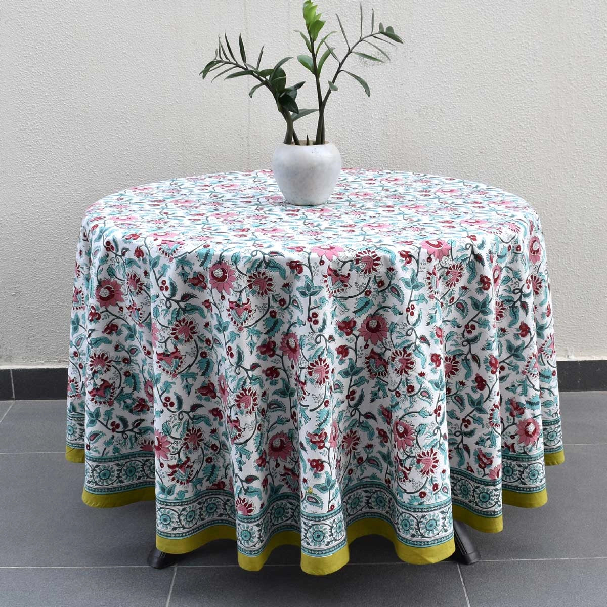 Eco-Friendly Colored Round Table Linen | Phuljhari Olive Open 208289