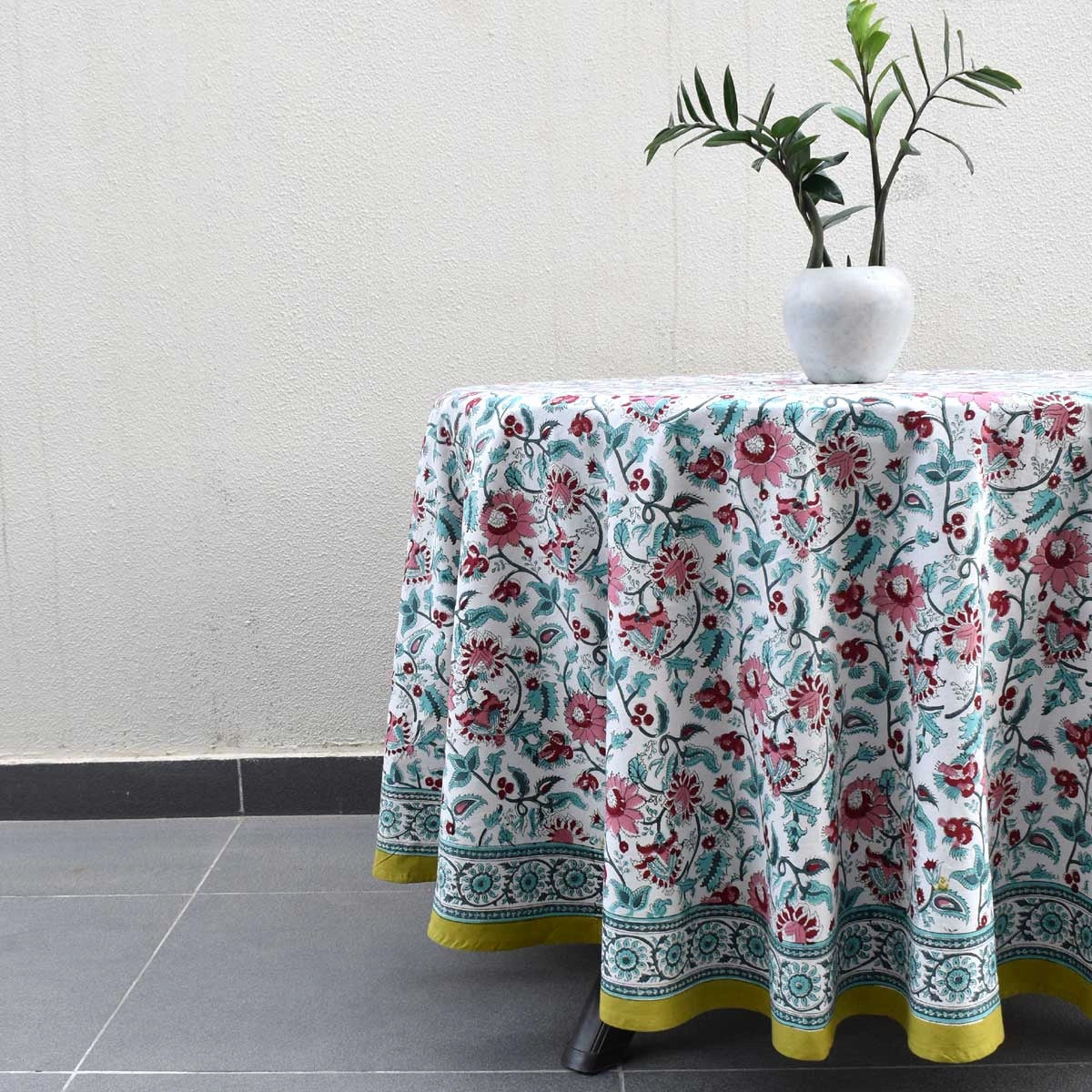 Eco-Friendly Colored Round Table Linen | Phuljhari Olive Open 208289