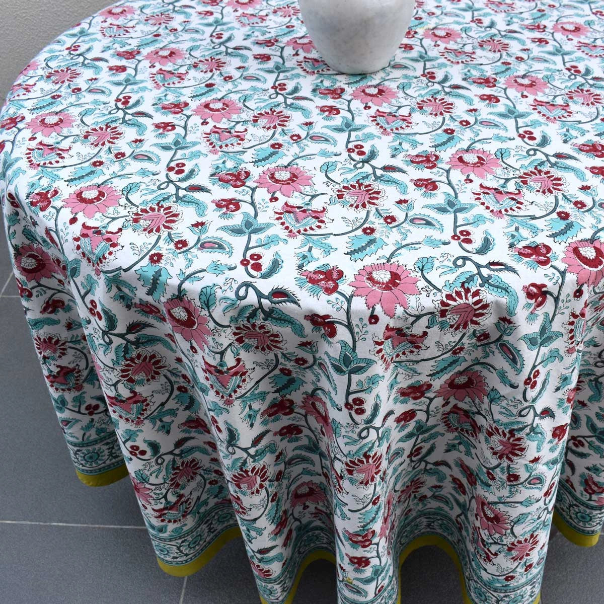 Eco-Friendly Colored Round Table Linen | Phuljhari Olive Open 208289