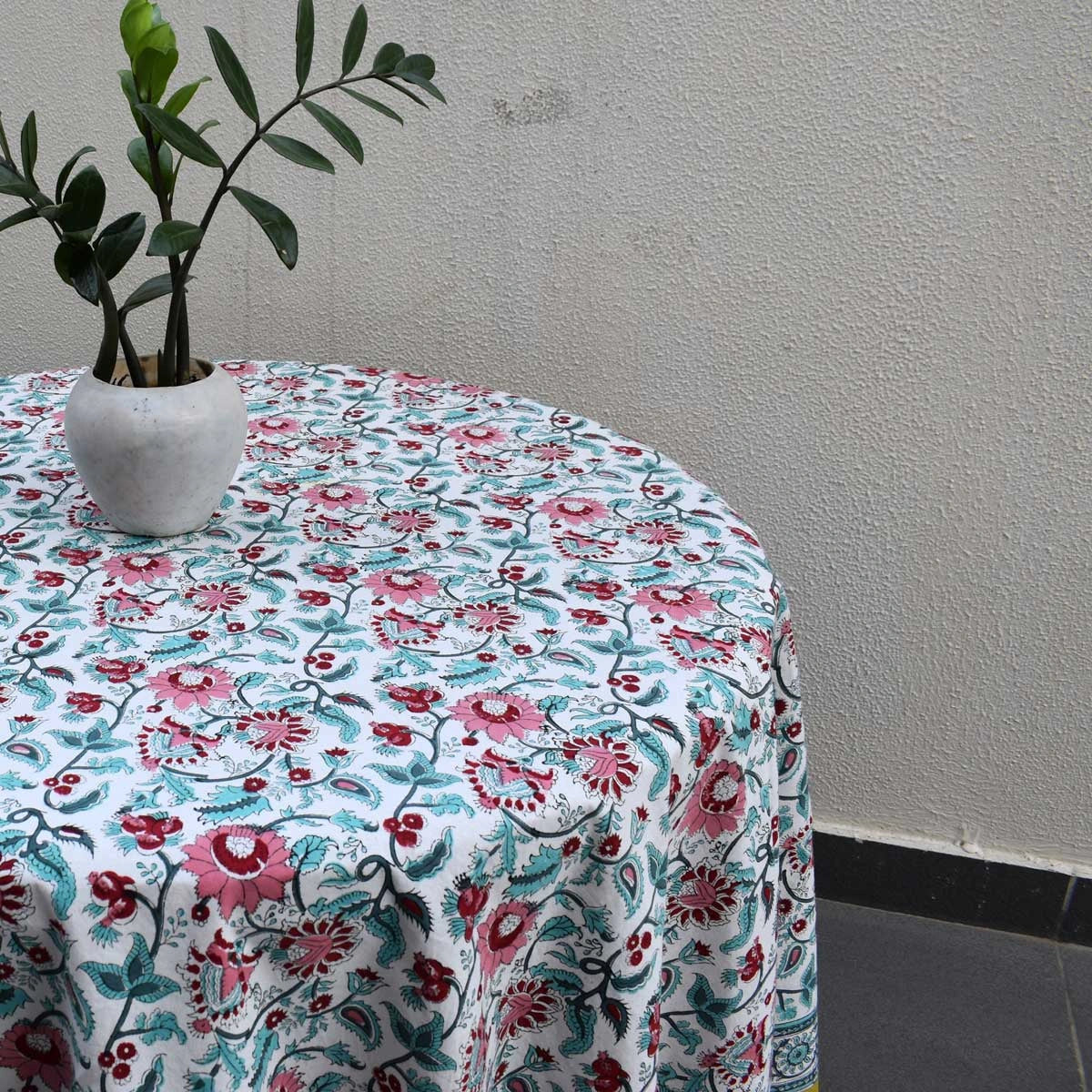 Eco-Friendly Colored Round Table Linen | Phuljhari Olive Open 208289