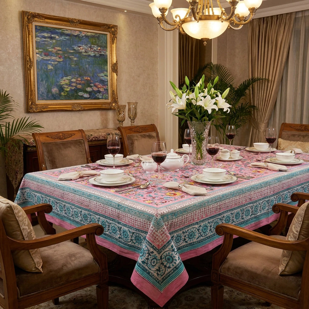 A rectangular dining table covered with a colorful patterned tablecloth featuring pink, teal, and blue floral motifs, set with white plates, wine glasses, and a vase of white lilies in a decorated dining room.