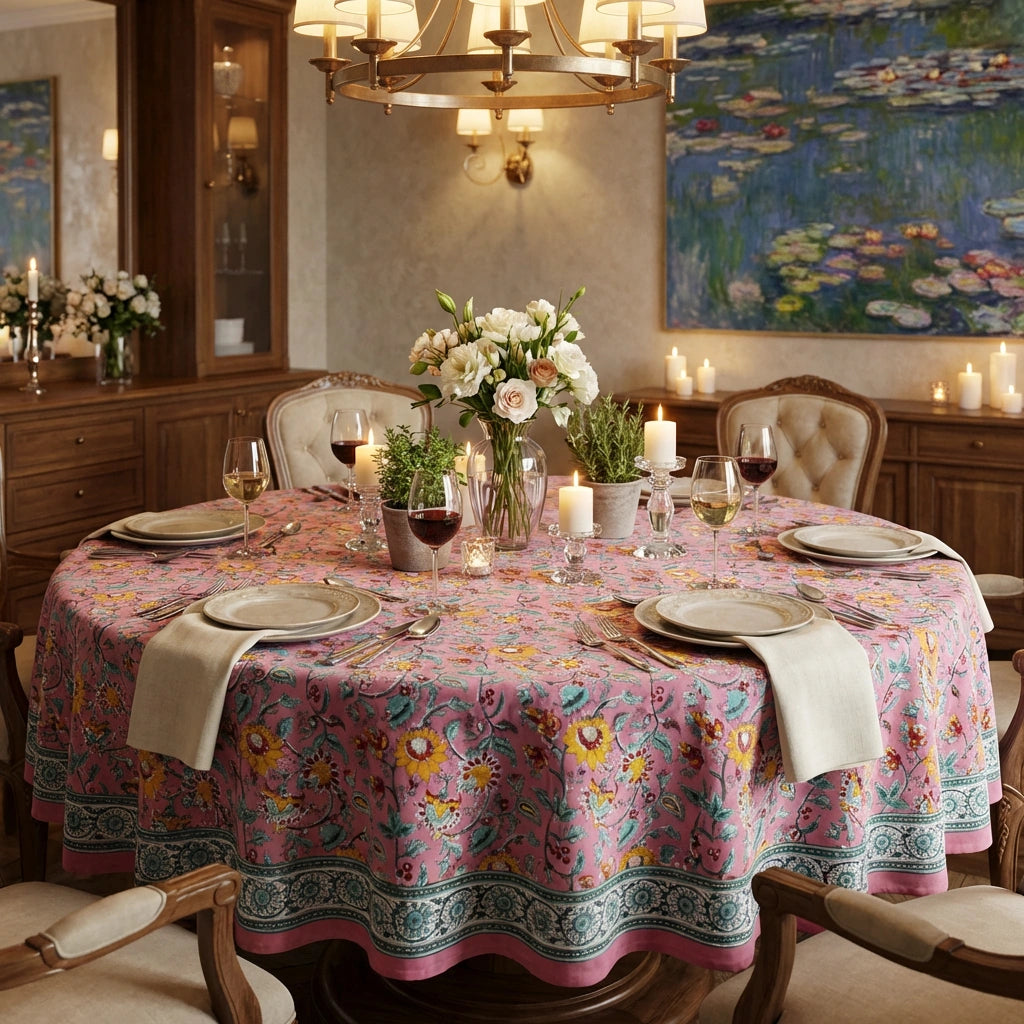 A round dining table covered with a pink floral tablecloth, set with white plates, folded napkins, wine glasses, candles, and small potted green plants. The room has warm wood cabinetry, wall sconces, and a large water lily painting on the wall.