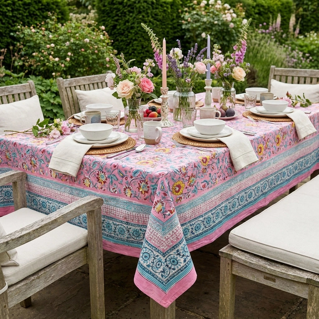 Jaipur Hand Block Tablecloth | Phuljhari Pink Gud 204756