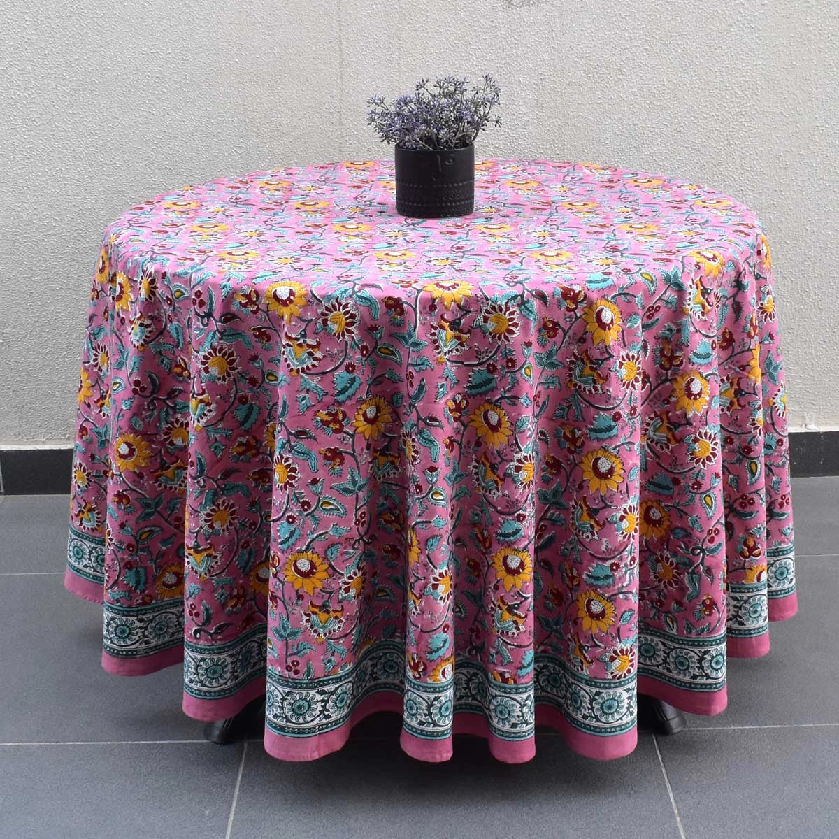Ethnic Print Round Tablecloth Phuljhari Pink Gud