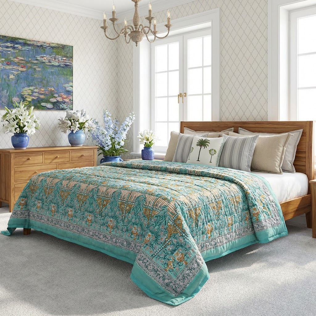 A teal and gold patterned quilted comforter set on a wooden bed frame in a bright, styled bedroom with floral wallpaper, a chandelier, and matching wooden furniture.